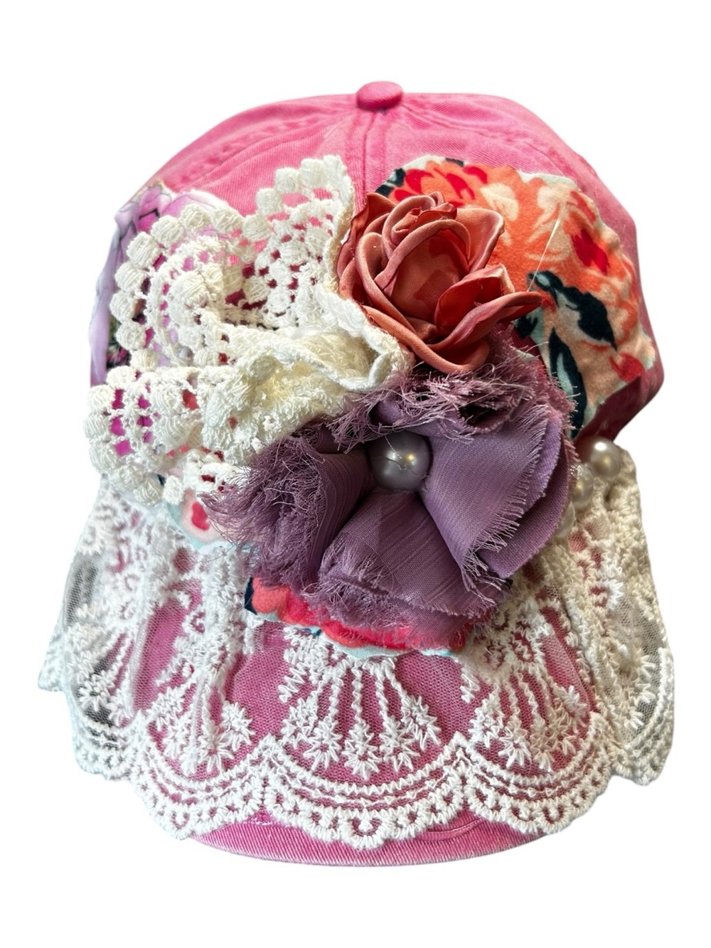 NewHandcrafted Boho Cottagecore Women Pink Lace Floral Baseball Cap OOAK